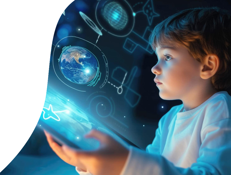 Boy using tablet with digital globe backdrop